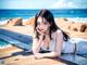 A woman laying on a wooden dock next to the ocean.