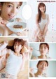 A collage of photos of a woman eating a piece of cake.