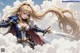 A woman with long blonde hair holding a sword in the clouds.