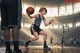 A woman in a black and white uniform holding a basketball.