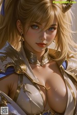 A woman with long blonde hair wearing a white and blue outfit.